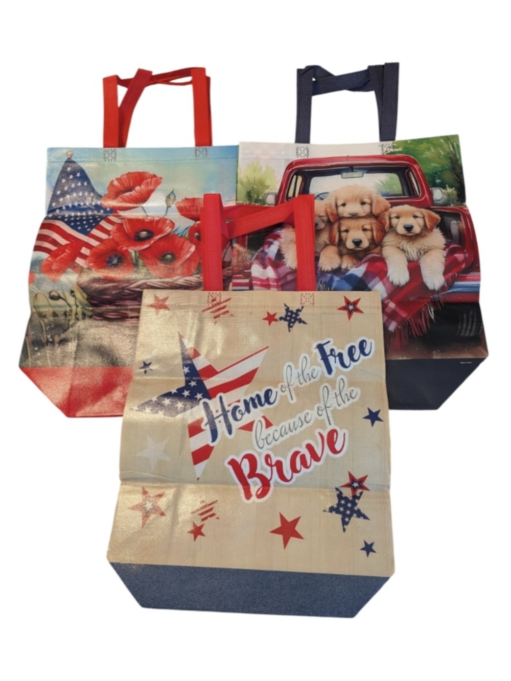 NWOT Patriotic Puppies, Poppies & "Home Of The Free" Reusable Tote Bags
